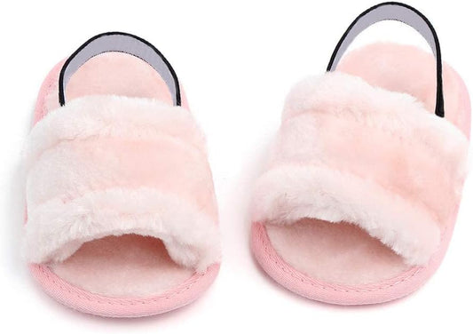 Infant Baby Girls Sandals Faux Fur Slides with Elastic Back Strap Flats Slippers Princess Dress First Walker Moccasins Shoes