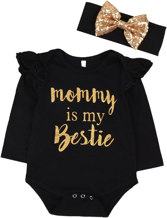 Newborn Baby Girls Clothes Floral “Mommy Is My Bestie” Bodysuit Romper +Headband
