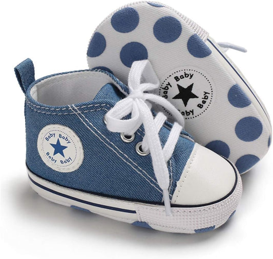 Unisex Baby Boys Girls High Top Sneaker Soft Anti-Slip Sole Newborn Infant First Walkers Canvas Denim Shoes
